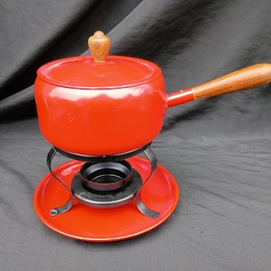 Vintage Rote Emaille Japanische Fondue Topf Set mit Holzgriff