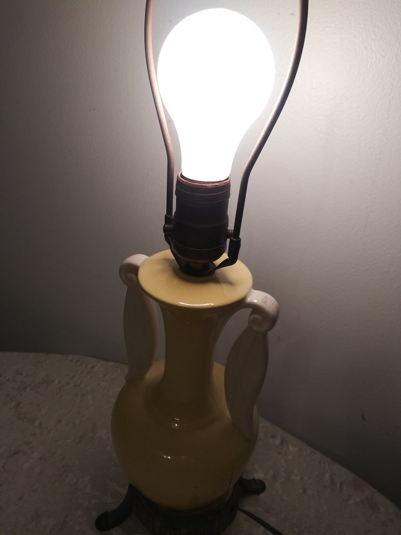Early VintageAntique 19 Table Lamp Ceramic Pottery Custard YellowWhite Greek