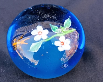 Vintage 3" Blue Art Glass Paperweight Flowers and Butterfly
