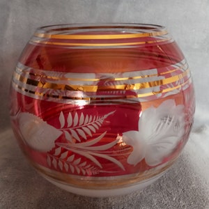 Vintage Cranberry Cut Etched Bohemian Glass Rose Bowl