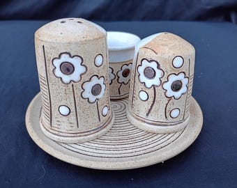 Hand Thrown Studio Pottery Salt Pepper Toothpick Holder Tray Set