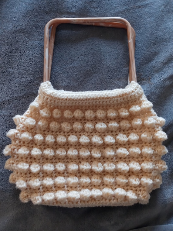 Vtg Hand Crochet Off White Purse 70's Hand Bag