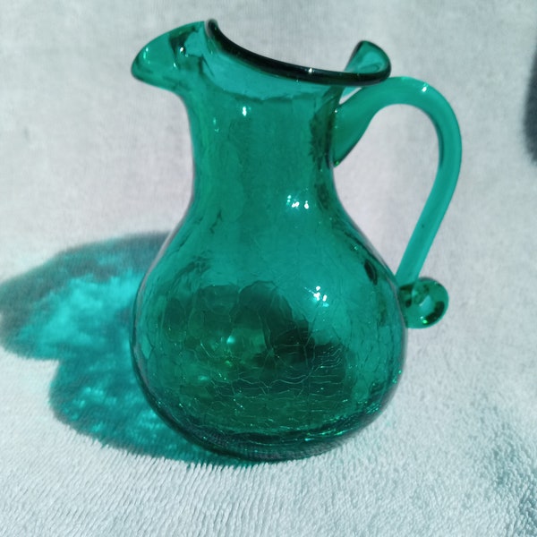 Vintage 5" Tall Emerald Green Blenko Crackle Glass Pitcher