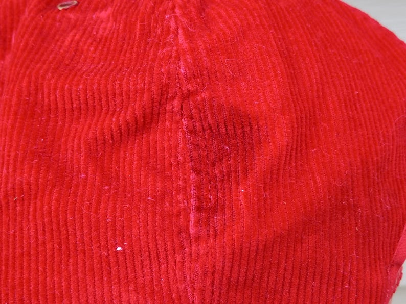 May include: Close-up of a bright red corduroy fabric. The fabric has a ribbed texture and a slight sheen. The image shows the detail of the corduroy weave and the color saturation of the material. The fabric appears to be part of a garment.
