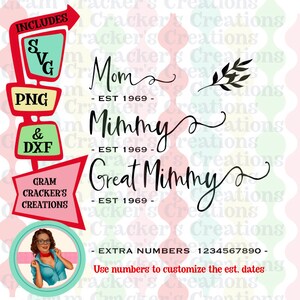 Moeder, oma, overgrootmoeder SVG, Instant Download gesneden bestand voor Cricut en Silhouette, wordt geleverd met cijfers om datums aan te passen