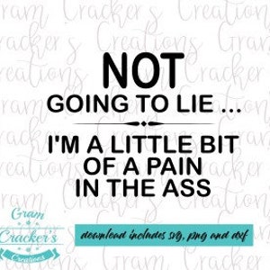 May include: Black and white text graphic that reads "NOT GOING TO LIE... I'M A LITTLE BIT OF A PAIN IN THE ASS." The graphic also includes the text "download includes svg, png and dxf" and the logo "Gram Cracker's Creations."