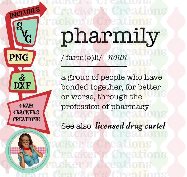 Puede incluir: Una ilustraci&oacute;n de estilo retro de la palabra "pharmily" definida como un grupo de personas que se han unido, para bien o para mal, a trav&eacute;s de la profesi&oacute;n de farmacia. La ilustraci&oacute;n est&aacute; en un esquema de colores rojo, blanco y azul con una fuente vintage y una imagen de dibujos animados de una mujer con gafas y una bufanda roja.