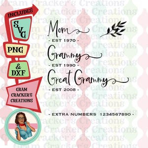 Mom, Grammy, Great Grammy SVG, Instant Download cut-bestand voor Cricut en Silhouette, wordt geleverd met nummers om datums aan te passen