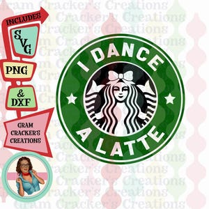 May include: Green circle with a white star on each side, a black and white mermaid logo with a bow, and the text "I DANCE A LATTE".
