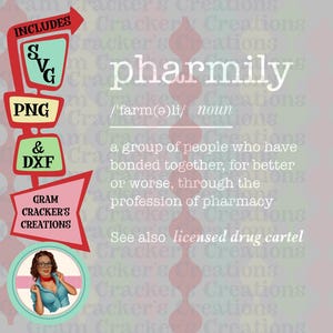 Puede incluir: Una ilustraci&oacute;n de estilo retro de la palabra "pharmily" definida como un grupo de personas unidas por la profesi&oacute;n de la farmacia. La ilustraci&oacute;n est&aacute; en un esquema de colores rojo, blanco y azul con una mujer de dibujos animados con gafas y una camisa azul. El texto "Gram Cracker's Creations" tambi&eacute;n est&aacute; incluido en la imagen.