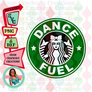 May include: Green circle with a white mermaid logo and the text "DANCE FUEL" in white letters. The logo is similar to the Starbucks logo.