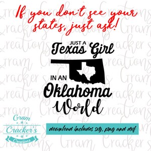 Apenas uma garota do Texas em um arquivo de corte mundial de Oklahoma - Arquivos SVG PNG DXF - Arquivos do estado de origem - Arquivo de corte de silhueta - Arquivo de corte Cricut -