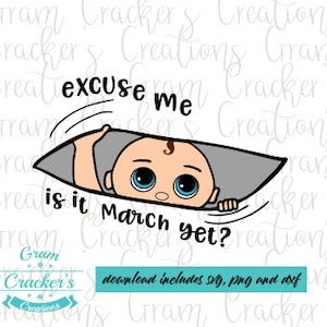 Com licença, é um arquivo de corte de bebê svg de maternidade peek a boo, cricut, máquinas de corte silhouette com vencimento em março, menino ou menina