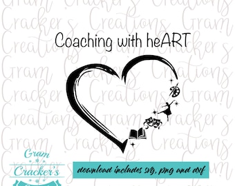 May include: Black and white graphic design featuring a heart shape with the text "Coaching with heART". The heart contains art-related icons, including a dancer, paint palette, and theater masks. The design includes the text "download includes svg, png and dxf".