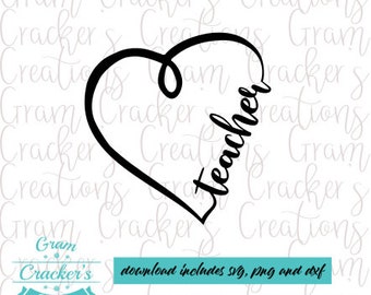 May include: A black heart-shaped design with the word "Teacher" written vertically inside. The design includes the text "download includes svg, png and dxf". The image also includes the text "Gram Cracker's Creations".