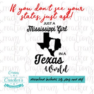 Just a Mississippi girl in a Texas world. Texas home state svg cut file for cricut and silhouette. Mississippi home state
