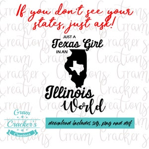 Gewoon een meisje uit Texas in een wereld van Illinois, Digital Download graphic tee cut file, Texas Silhouette, Illinois, Southern girl Mom shirt.