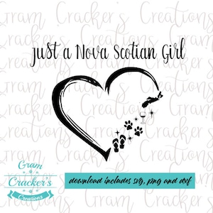 May include: Black and white graphic design of a heart with a stylised outline of Nova Scotia inside. The heart is filled with small icons including flip flops, paw prints, and a wine glass. The text "just a Nova Scotian Girl" is above the heart.