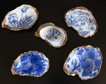 Blue Floral Oyster Shell Ring Dish: Gilded Gold Coastal Decor