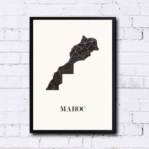 Carte du Maroc graphisme épuré. Décoration minimaliste. Poster couleur ardoise à accrocher. Décoration murale tendance. Décoration réalisée par un créateur. Décoration style scandinave. Affiche pour les amoureux du Maroc. Affiche du Maroc.