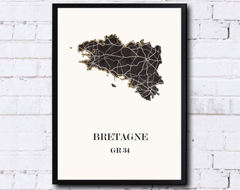BRETAGNE GR34, Original Map, Unique GRAPHICS, High quality design, décoration bretagne, bretagne map, bretagne holydays