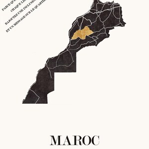 Carte du Maroc graphisme épuré. Décoration minimaliste. Poster couleur ardoise à accrocher. Décoration murale tendance. Décoration réalisée par un créateur. Décoration style scandinave. Affiche pour les amoureux du Maroc. Affiche du Maroc.