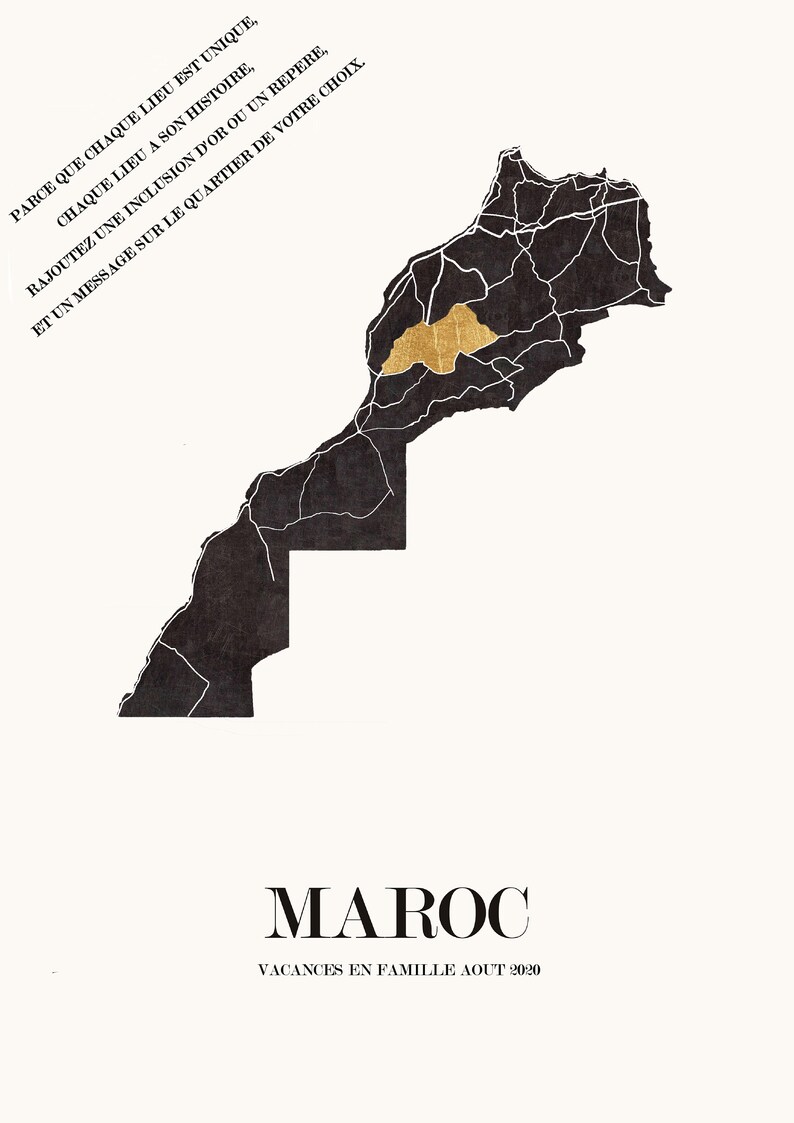Carte du Maroc graphisme épuré. Décoration minimaliste. Poster couleur ardoise à accrocher. Décoration murale tendance. Décoration réalisée par un créateur. Décoration style scandinave. Affiche pour les amoureux du Maroc. Affiche du Maroc.