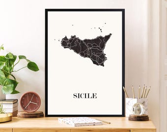 CARTE Design de SICILE, carte d'Italie pour votre décoration, cadeau personnalisé, cadeau anniversaire,