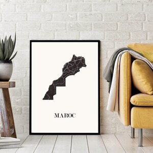 Carte du Maroc graphisme épuré. Décoration minimaliste. Poster couleur ardoise à accrocher. Décoration murale tendance. Décoration réalisée par un créateur. Décoration style scandinave. Affiche pour les amoureux du Maroc. Affiche du Maroc.