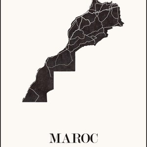 Carte du Maroc graphisme épuré. Décoration minimaliste. Poster couleur ardoise à accrocher. Décoration murale tendance. Décoration réalisée par un créateur. Décoration style scandinave. Affiche pour les amoureux du Maroc. Affiche du Maroc.