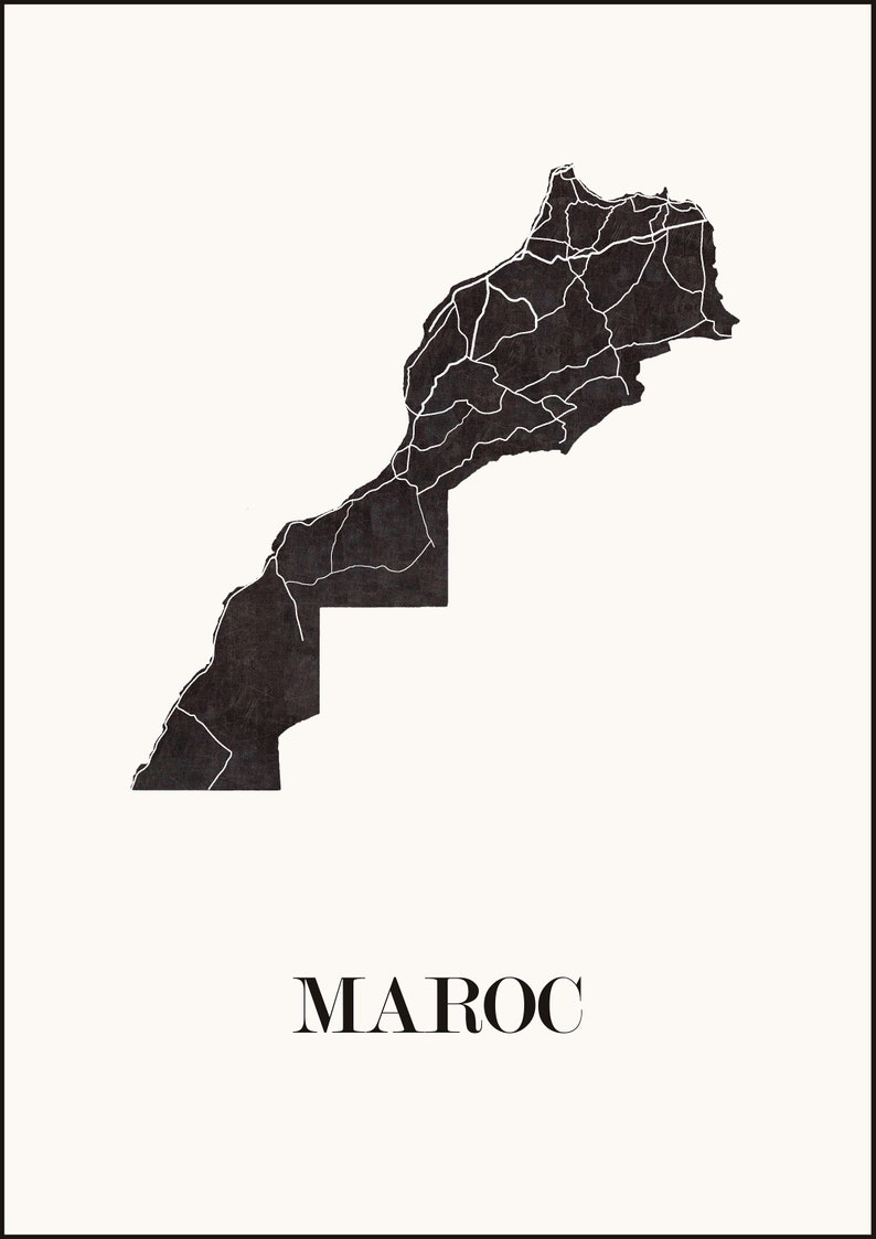 Carte du Maroc graphisme épuré. Décoration minimaliste. Poster couleur ardoise à accrocher. Décoration murale tendance. Décoration réalisée par un créateur. Décoration style scandinave. Affiche pour les amoureux du Maroc. Affiche du Maroc.