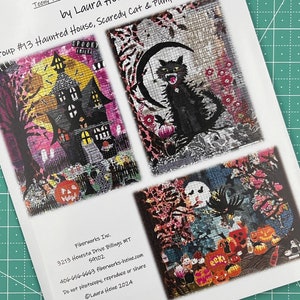May include: A printed paper featuring three Halloween-themed collage patterns by Laura Heine. The patterns include a haunted house, a black cat with a moon, and a pumpkin patch scene. The paper also includes the text "Teeny Tiny Collage Patterns".