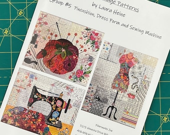 Pincushion, Dress Form, and Sewing Machine Teeny Tiny Collage Quilt Pattern by Laura Heine of Fiberworks