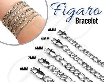 Stainless Steel 316L Figaro Chain Bracelet Men Women 4, 5, 6, 7, 8, 9, 10mm thickness - 6 in to 11 in Length Silver Color
