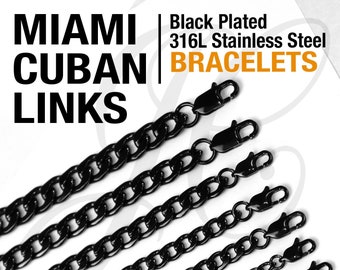 Black Plated Stainless Steel 316L Miami Cuban Links Chain Bracelet Men Women 4, 5, 6, 7, 8, 9, 10mm thickness - 7.5 to 10.5 inches Length