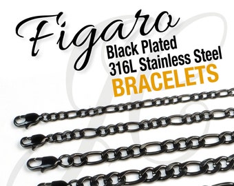 Black Plated Stainless Steel 316L Figaro Chain Bracelet Men Women 4, 5, 6, 7, 8, 9, 10mm thickness - 7.5 to 10.5 inches Length