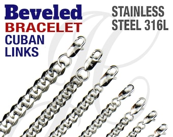 Stainless Steel 316L Beveled Cuban Chain Bracelet Men Women 3, 4, 5, 6, 7, 8, 9, 10mm thickness - 6 to 11.5 inches Length