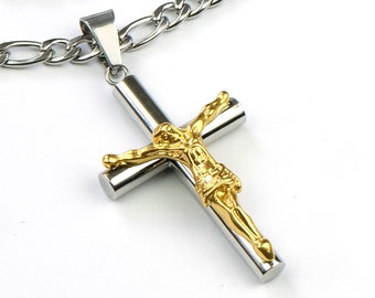Titanium Steel Gold Silver Jesus Cross with 6mm Stainless Steel Figaro necklace chain Silver Color Crucifix Necklace