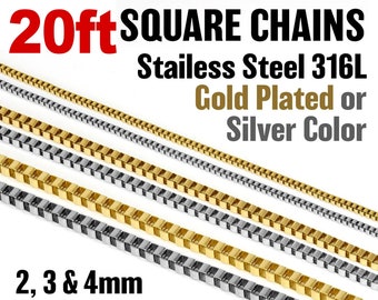 20ft 6meters 18K Gold Plated or Silver Color Box Square Links Stainless Steel 316L Men Women Chains only 2, 3 or 4mm thickness