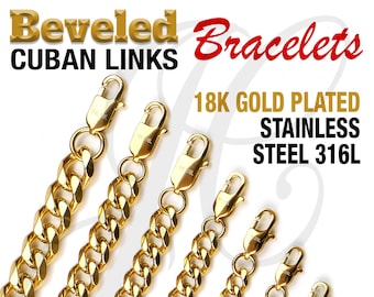 18K Gold Plated Stainless Steel 316L Beveled Cuban Chain Bracelet Men Women 3, 4, 5, 6, 7, 8, 9, 10mm thickness - 6 in to 11 in Length