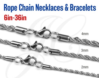 Stainless Steel 316L 2mm, 3mm, 4mm  Rope Chain Necklace Bracelet Anklets Men Women - 6in to 36in