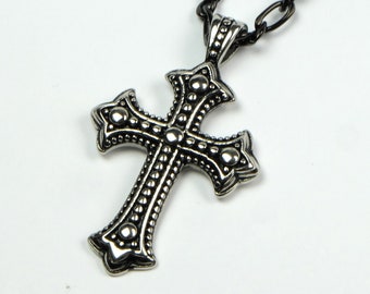 Classic Cross Dark Titanium Steel & Black Plated Stainless Steel Figaro Chain Crucifix Necklace