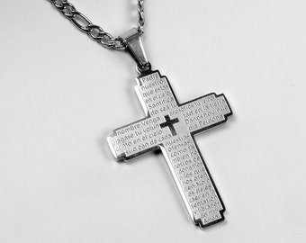 Titanium Steel Square Edges Cross & Stainless Steel Figaro 4mm Chain Silver Color Crucifix Necklace