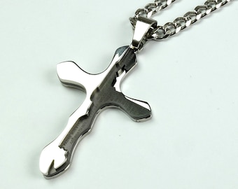 Titanium Steel Modern Cross & 4mm 316L Stainless Steel Beveled Cuban Chain Crucifix Necklace