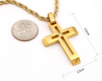 Gold Plated Titanium Steel Silver Color Beveled Cross with 3mm Gold Plated Stainless Steel Rope Chain Chain Crucifix Necklace