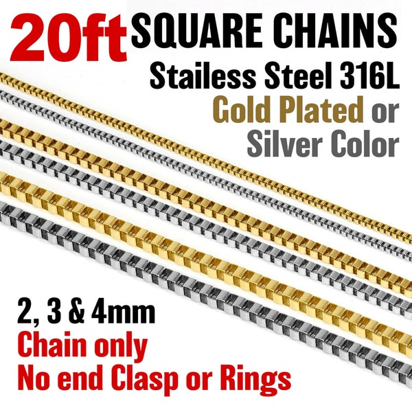 10ft 3meters 18K Gold Plated or Silver Color Box Square Links Stainless Steel 316L Men Women Chains only 2, 3 or 4mm thickness