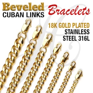 May include: Five gold-plated stainless steel Cuban link bracelets with a clasp closure. The bracelets are 18k gold plated and made of stainless steel 316L.