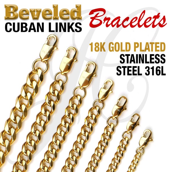 18K Gold Plated Stainless Steel 316L Beveled Cuban Chain Bracelet Men Women 3, 4, 5, 6, 7, 8, 9, 10mm thickness - 6 in to 11 in Length