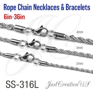 Stainless Steel 316L 2mm, 3mm, 4mm  Rope Chain Necklace Bracelet Anklets Men Women - 6in to 36in