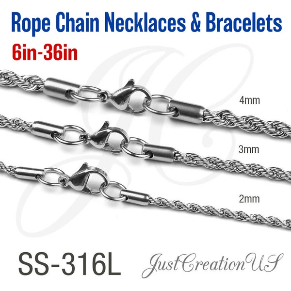Stainless Steel 316L 2mm, 3mm, 4mm  Rope Chain Necklace Bracelet Anklets Men Women - 6in to 36in
